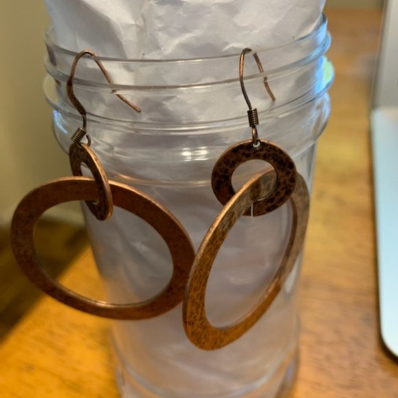 Copper tone Double Circle Dangle earrings - Picture 2 of 5